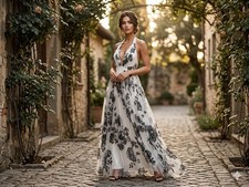 Luxxel Black White Floral Tulle Plunging Halter Maxi Dress Size M