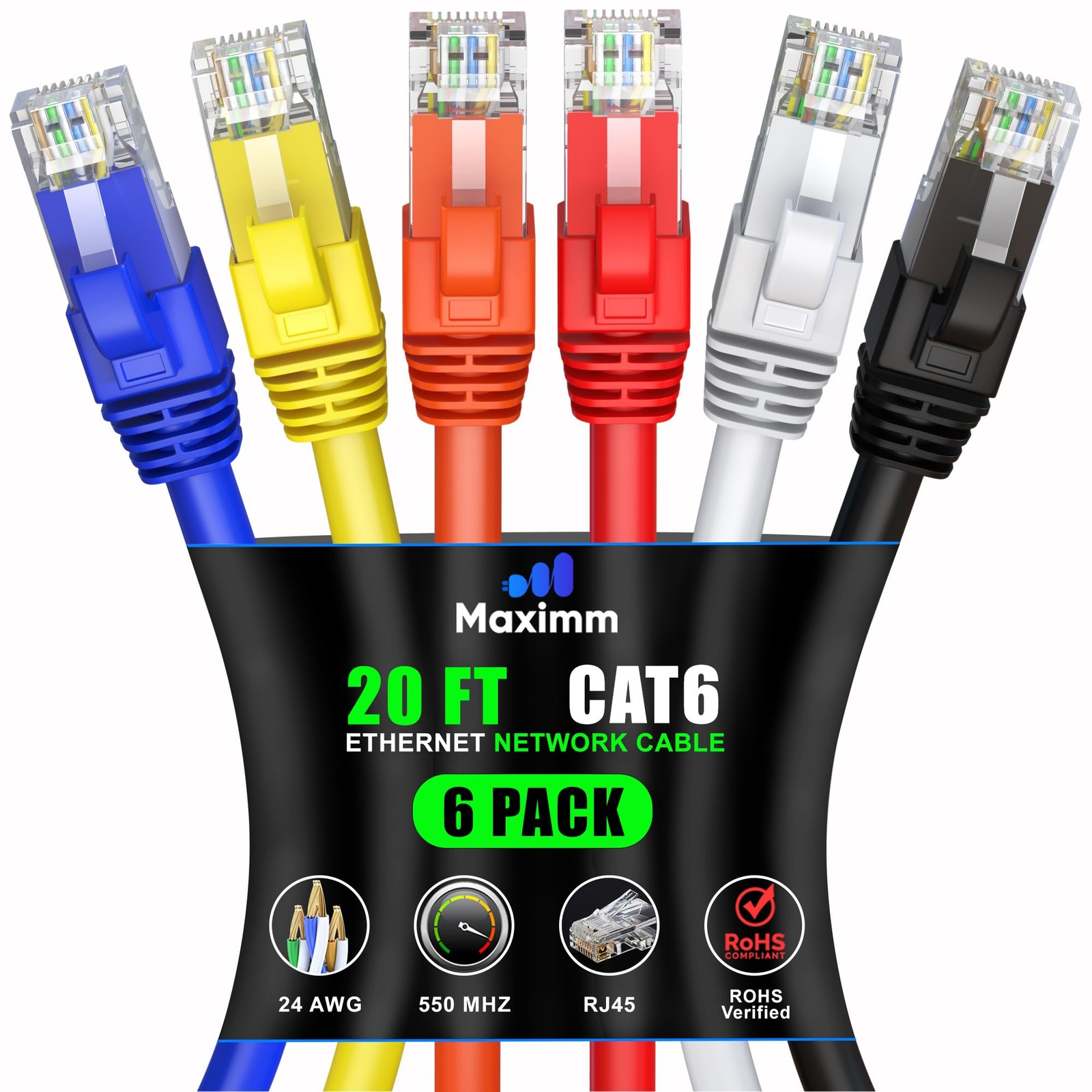 20ft Cat 6 Ethernet Cable 6-Pack - High-Speed LAN Network Patch Cables for Fast Internet & Gaming-image