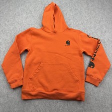Carhartt Hoodie Youth Large 14-16 Orange Fleece Pullover Logo Sleeve HOLES 