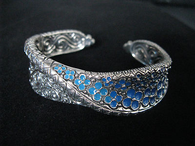 ARMBAND BARBARA BIXBY BLAU EMAILLE SILBER MANSCHETTE ARMREIF BLUME DESIGNER Geschenk