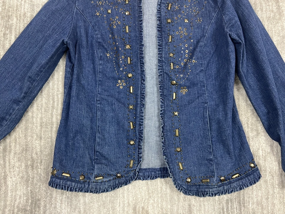 Драпировки и дамоны куртка женщин маленький джинсовой ткани украшенный длинным рукавом с подкладкой открытый - Изображение 3 из 4