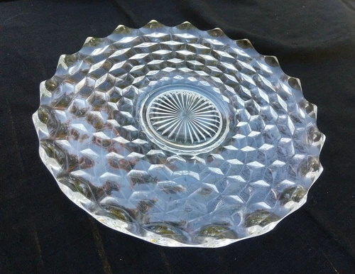 FOSTORIA AMERICAN CLEAR CUBE GLASS 13 ¾” ROUND TORTE CAKE PLATE SERVING PLATTER