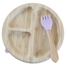 Baby Toddler Bamboo Plate with Fork in Pink/Mauve - Baby Plate with Suction