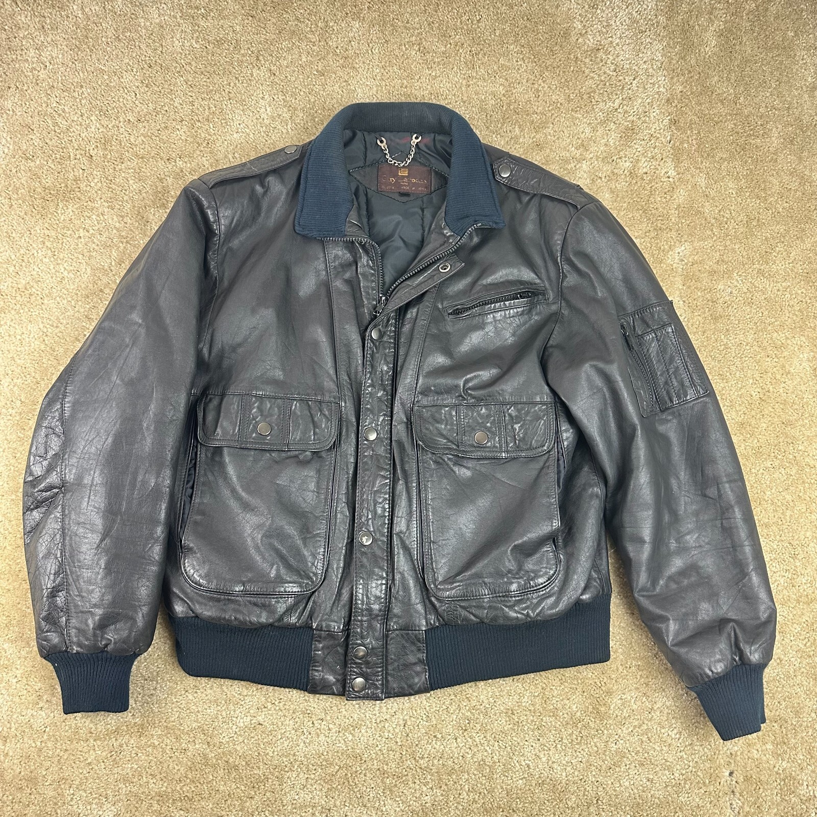 Guy Laroche Paris Mens Bomber Jacket L Leather Zip Up snap Black