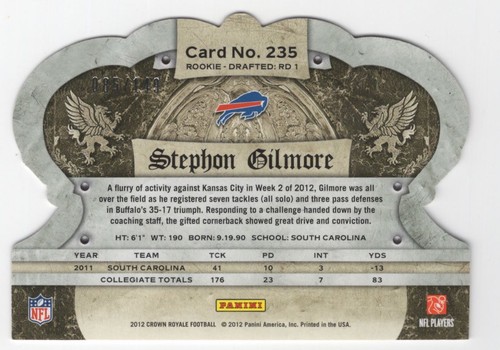 2012 Panini Crown Royale Stephon Gilmore /149 Buffalo Bills #235 - Picture 2 of 2