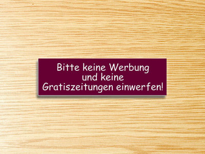 Briefkastenschild - Bitte keine Werbung & Zeitung einwerfen! 70x20mm, Burgundy