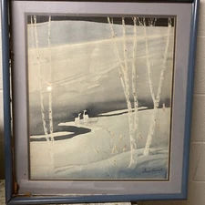 Watercolor Impressionist Snow Scape W Dear Artist Lewis Carrall