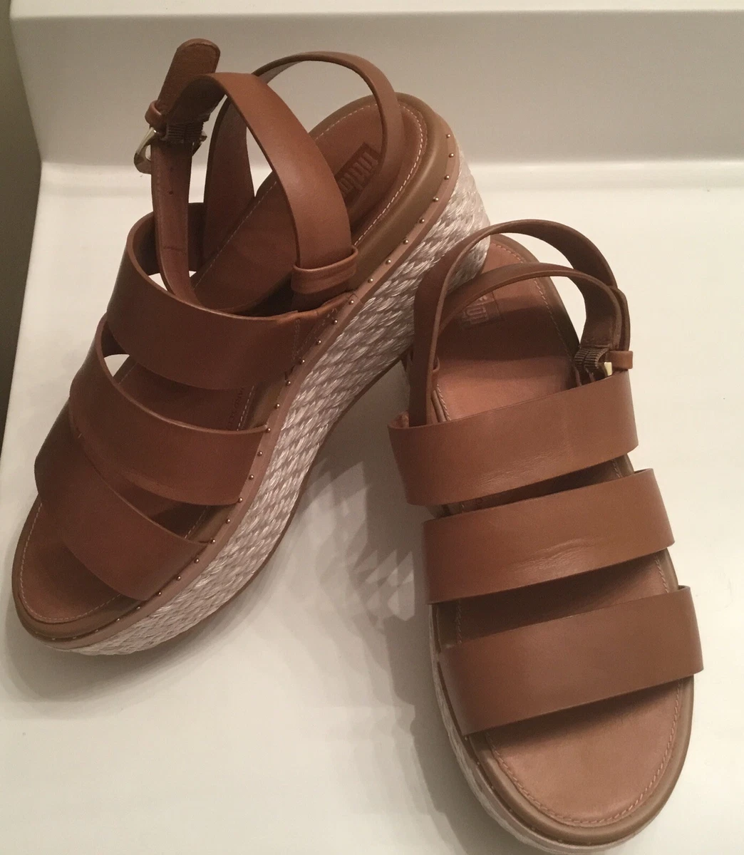 FitFlop Eloise Tan Ankle Strap Open Toe Strappy Espadrille Wedge Sandal US  8 NEW