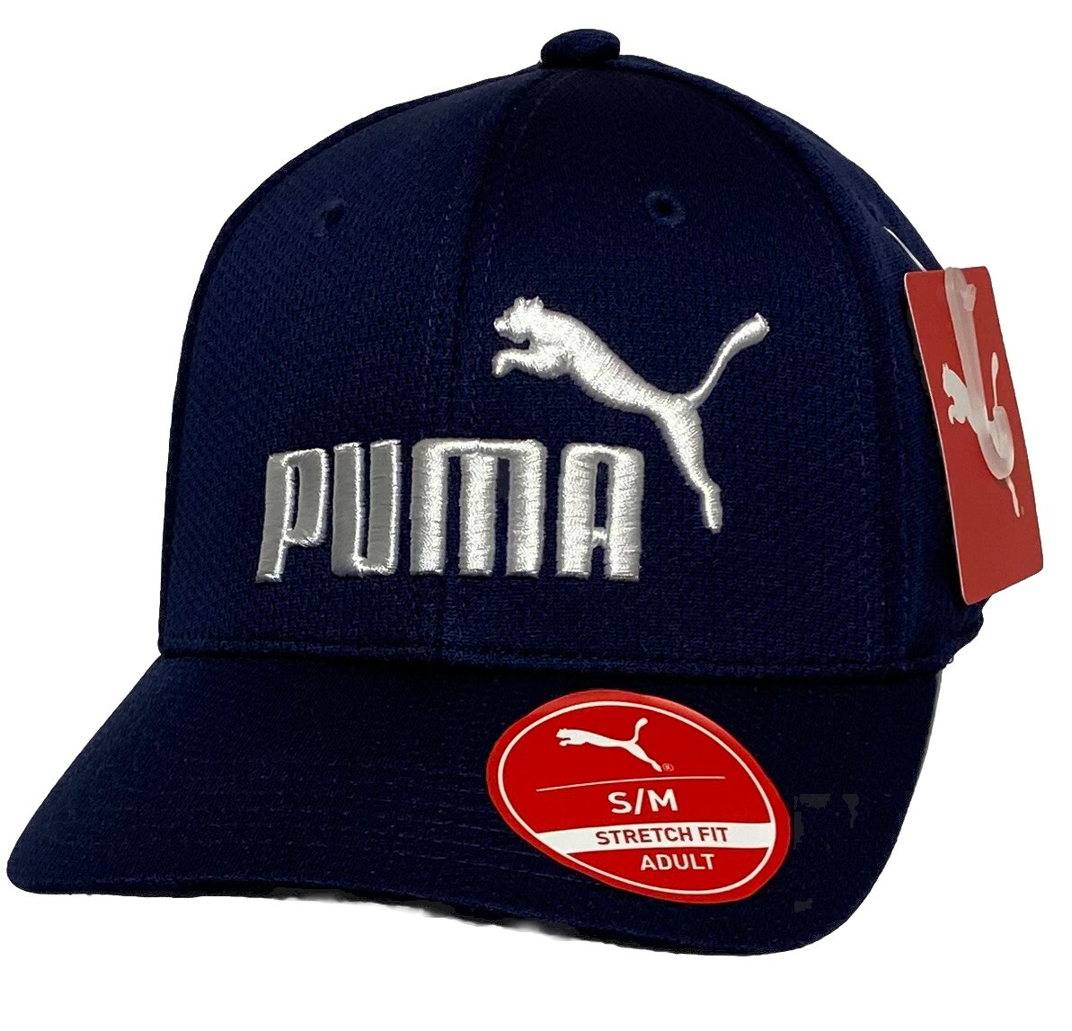 Puma Men's Polyester  Baseball Cap - Navy Blue with White Puma - Stretch Fit S/M