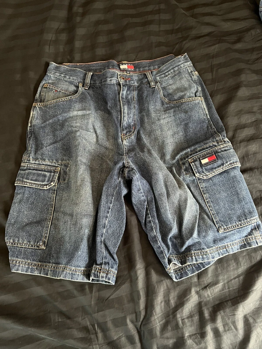 Vintage TOMMY HILFIGER Flag Logo Button Fly Denim Jean Cargo Shorts Mens Size 32