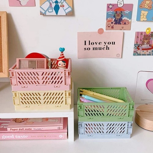 UK Folding Collapsible Storage Crates Plastic Basket Stacking Kitchen Desk Boxes - Picture 3 of 24