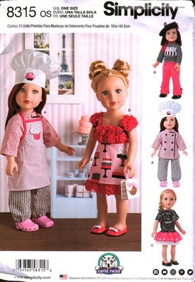 8315 UNCUT Simplicity Sewing Pattern 18'' Doll Wardrobe Dress Pants Top Apron Hat
