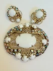 Vintage Milk Glass & Aurora Borealis Rhinestone Brooch Earrings Set