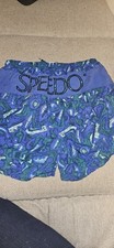 Vtg 80 90's Speedo Blue Green ABSTRACT Swim Shorts SPELL OUT Nylon Sz L
