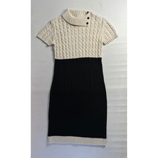 Tahari Colorblock Cable Knit Sweater Dress Cream Black Mock Neck Short Sleeve