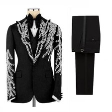 Luxury Appliques Men Suits Wedding Tuxedo Formal Prom Party Office Wear Beading