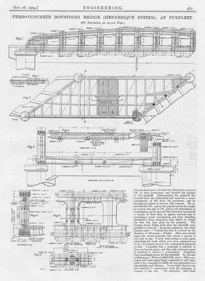 Beton Bogensehnenbrücke bei Pursfleet - 2x antike technische Drucke 1904