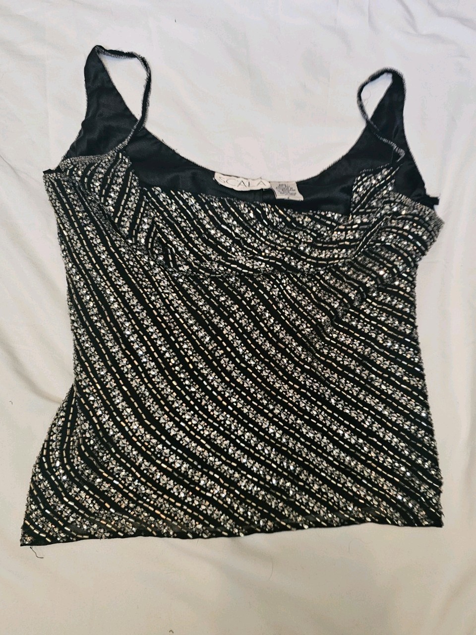 Scala Vintage Beaded Sparkle Tank 100% Silk, Black/Silver, Size M