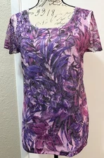 AB STUDIO Purple Multicolor T-shirt Mesh Overlay Floral Short Sleeve Round Nk M
