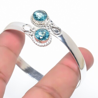 Swiss Blue Topaz Gemstone Handmade 925 Sterling Silver Cuff Bracelet Adjustable