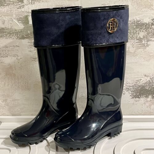 Tommy Hilfiger SHINER Regenstiefel Damen Größe 5 schwarz blau Reitsport hoch Reiten