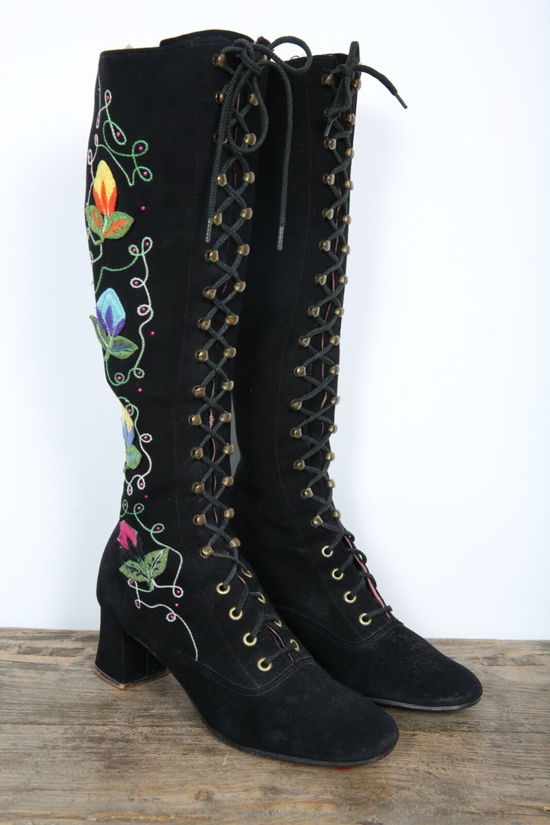 60s Gogo Boots Floral Boots Lace Up Boots Penny Lane Boots