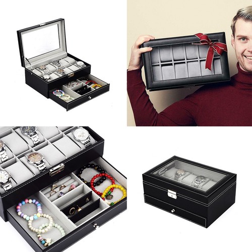 US12 Slot PU Leather Lockable Watch Storage Boxes Jewelry Display Drawer Case - Picture 1 of 12