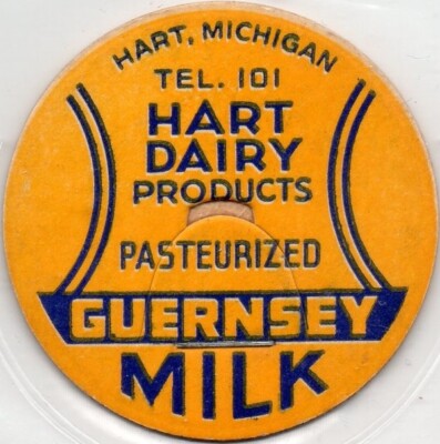 Milk Bottle Cap- Hart Dairy Products - Hart, MI (Michigan) - GUERNSEY - TEL. 101
