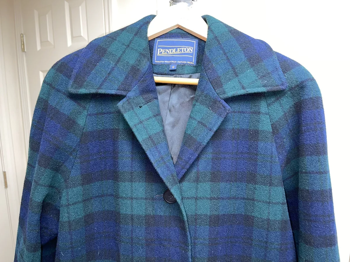 Pendleton Coat Jacket Womens Green blue Tartan Plaid Wool Sz 10
