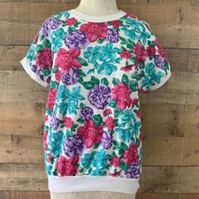 Vintage 1980s Graphic Flower Sweatshirt Style Ribbed Hem Short Sleeve Top Sz L