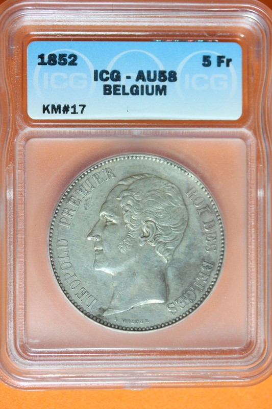 1852 - ICG AU58 BELGIUM 5 FRANCS LEOPOLD  PREMIER ROI DES BELGES! #B40223