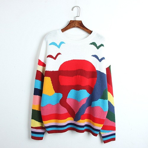 Women Rainbow Print Embroidery Knit 