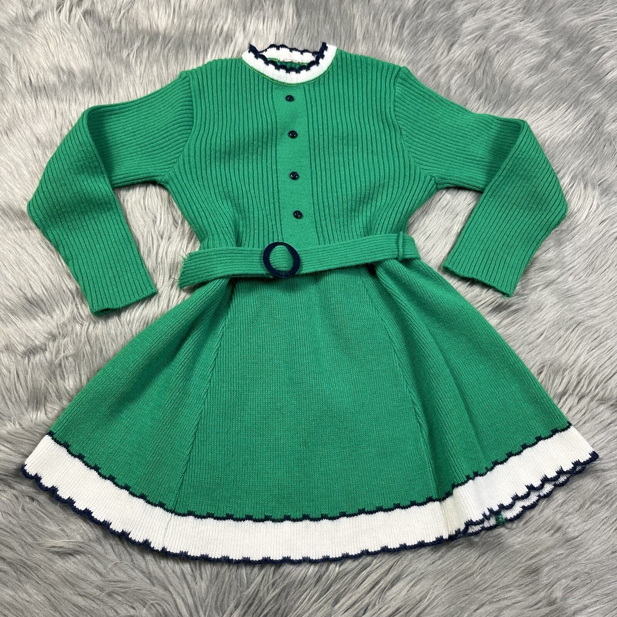 Vintage Girls Green Navy Knit Long Sleeve Belted Dress St Patrick's Day |  eBay