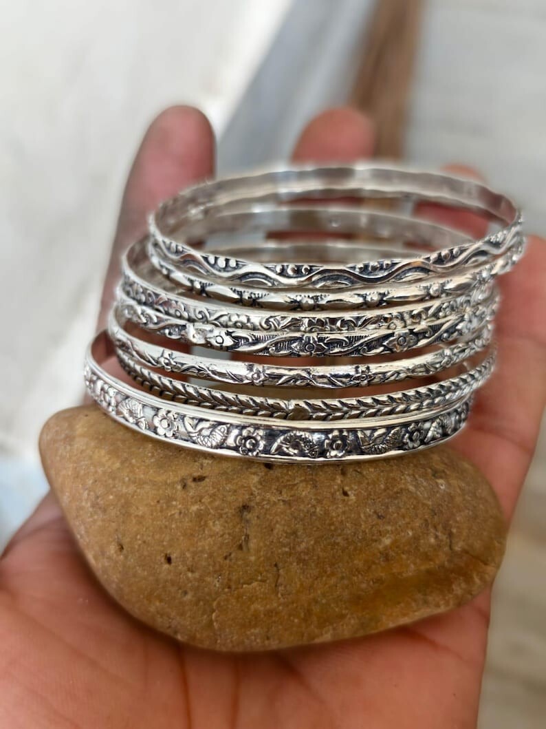 Solid 925 Sterling Silver Bangles, Hammered Bangles Stacking Set of 7 Bangles View 5