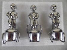 Vintage MCM Boy Cherub Peeing Metal Chrome Seltzer Wine Bottle Topper Set of 3