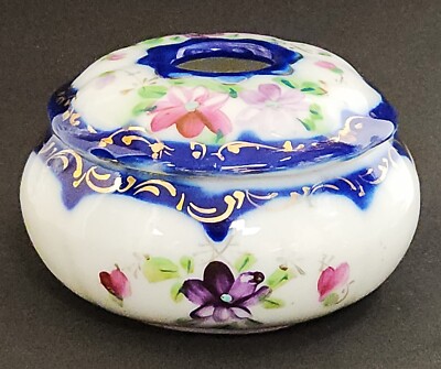 Antique Hand Painted Porcelain Hair Receiver Cobalt Blue Pink & Purple Floral
