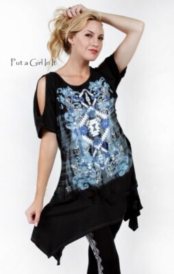 New VOCAL Womens CRYSTAL BLACK BLUE AZTEC COLD SHOULDER TUNIC SHIRT S M USA