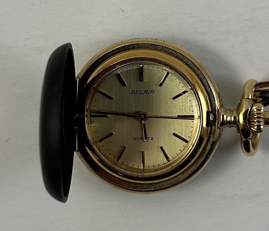 Women's BELAIR Quartz Black and Gold Tone Pocket Watch Pendant Necklace