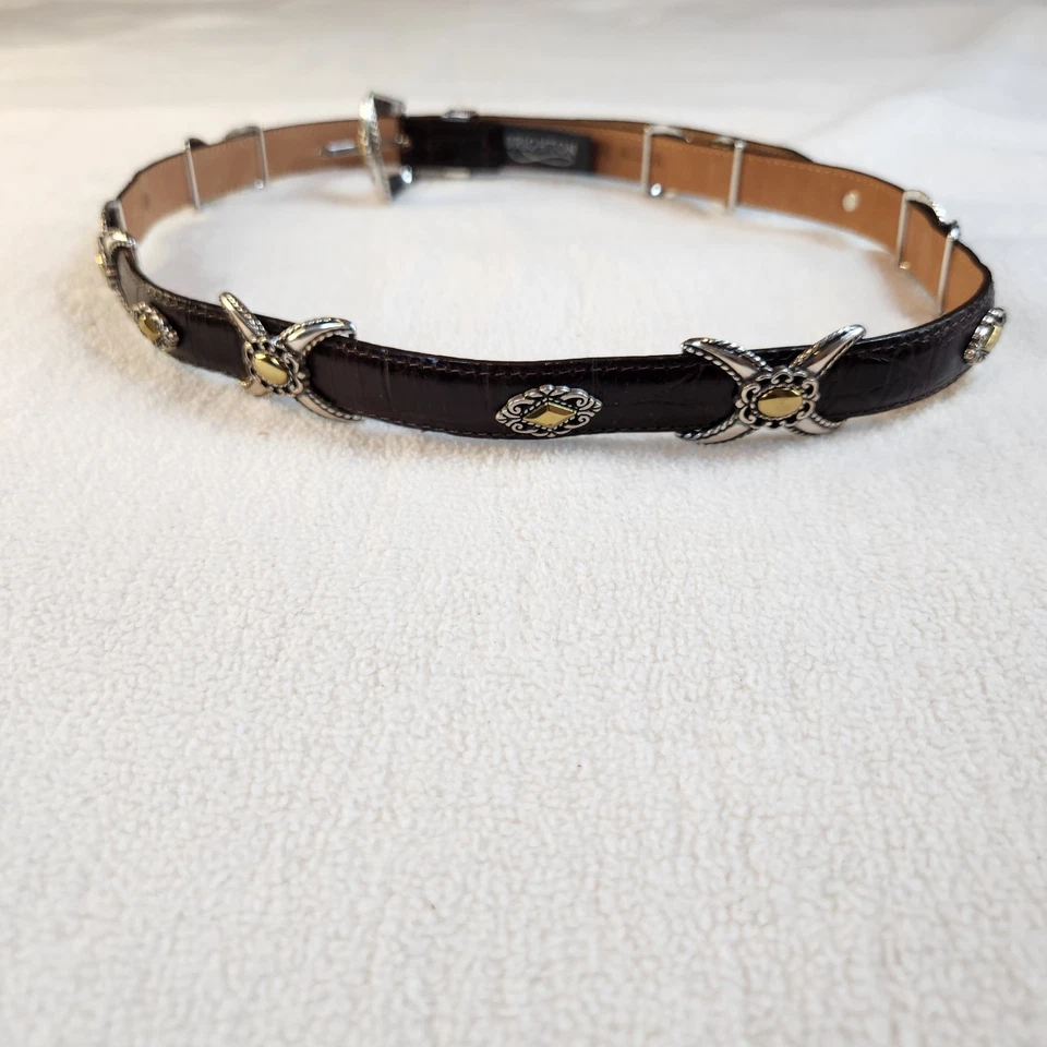 Cinturón de cuero de colección Brighton para mujer XL marrón plata oro X's diamantes Western Foto 3 de 4