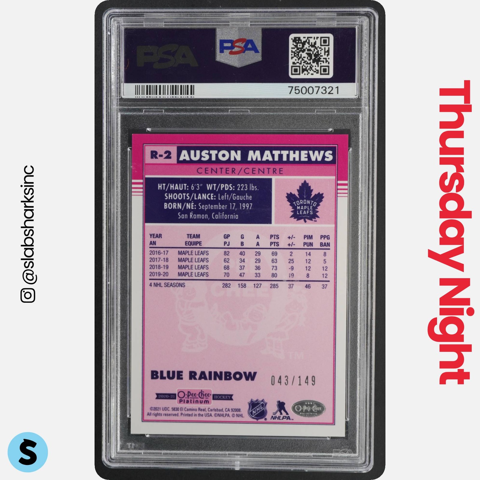 2020 O-PEE-CHEE PLATINUM #R-2 AUSTON MATTHEWS RETRO RAINBOW BLUE /149 PSA 10 view 2