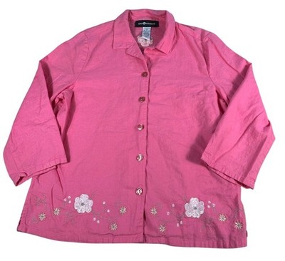 VTG Sag Harbor Linen Blend Embroidered Blouse Sz 14 Pink Floral 3/4 Sleeve