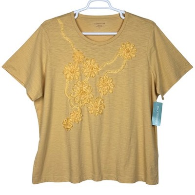 NWT Coldwater Creek T-Shirt Floral Applique Slub Knit Women 2X Wheat Yellow Boho