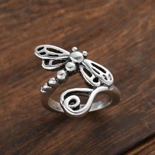 Dragonfly Open Ring Silver Tone Vintage Surface Adjustable Polished Jewelry