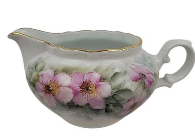 Vtg 50s Winterling Pink Floral Creamer Gravy Boat With Gold Trim Bavaria Germany