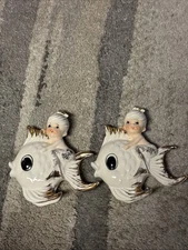 Pair Of Vintage RARE 1950 NORCREST Blonde MERMAID Riding FISH Wall Pocket Kitsch