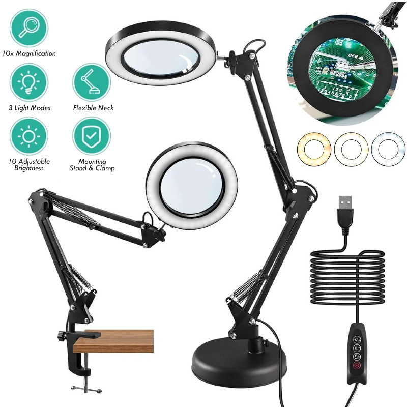 10X Magnifying Glass Desk Light Magnifier LED Lamp Reading Lamp & Base Clamp US