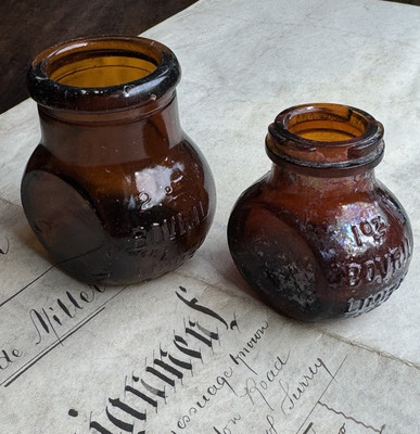Two Antique Bovril Pots with Iridescence - 1Oz and 2Oz