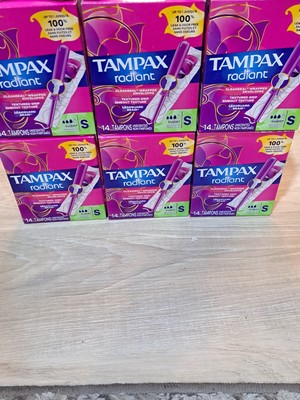84 Brand New Tampax Radiant Tampons. Super Flow. (6 Boxes Of 14). Sealed