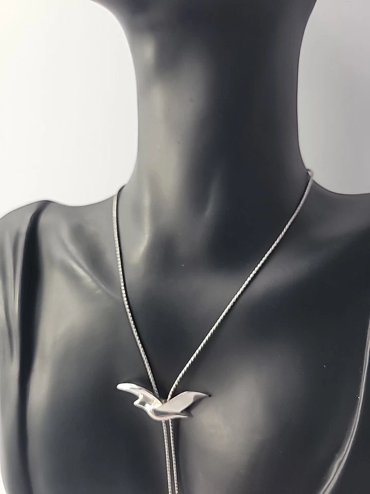 Vintage Silver Tone Soaring Bird Bolo Lariat Necklace Modernist Design - Image 3 of 4