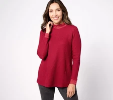 LOGO by Lori Goldstein Women's Top Sz M Metallic Waffle Knit Mock Red A627095